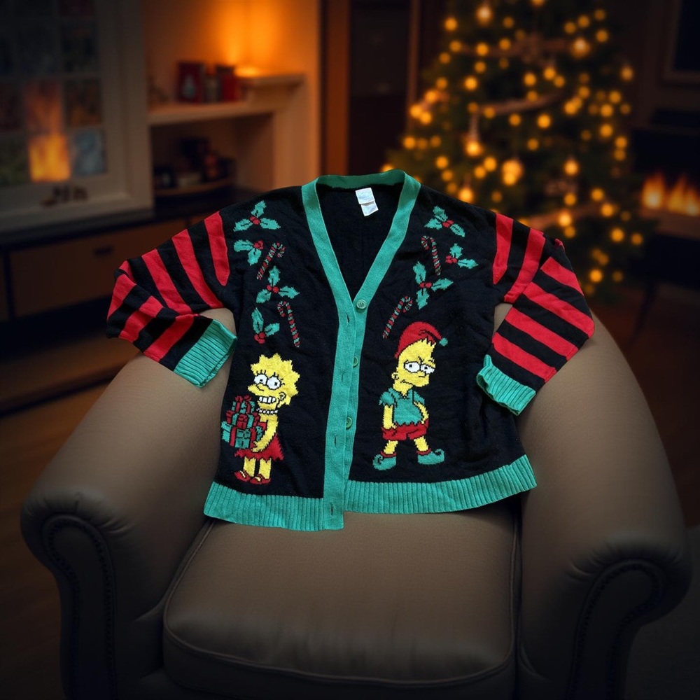 Rare VTG 90s The Simpsons Women’s Large Ugly Cardigan Bart Elf Lisa Presents - Picture 3 of 13